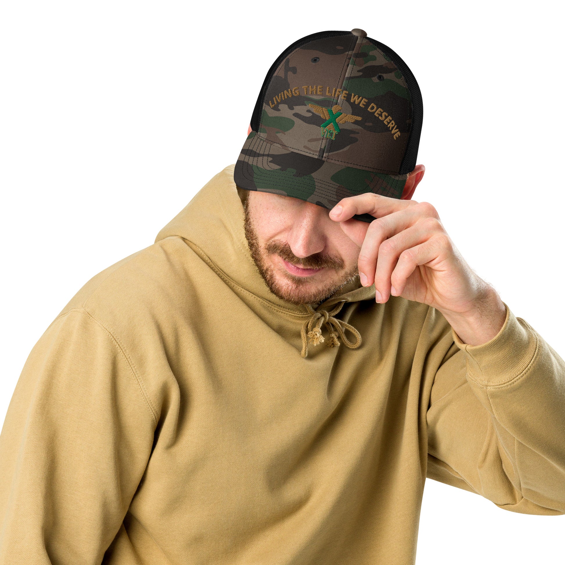 X-VET "Living The Life We Deserve". Camouflage Trucker hat - X-VET